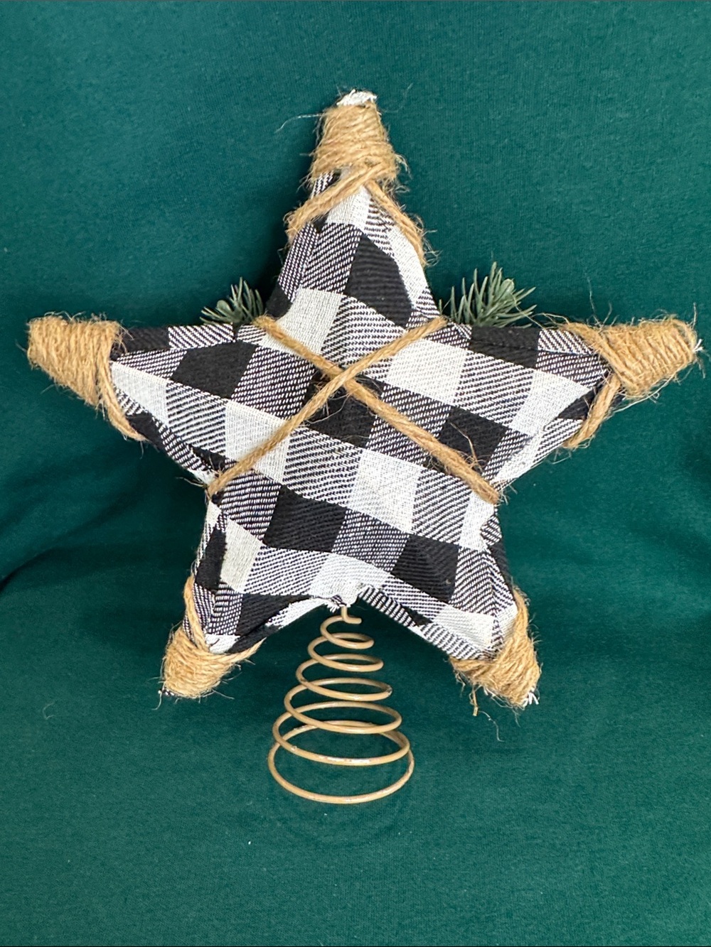 Rustic Star Tree Topper Black & White Buffalo Plaid & Jute Twine w/Pine Sprigs - Picture 3 of 5